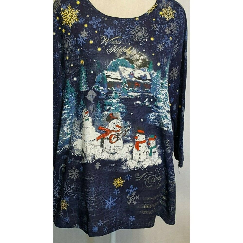 Womens T Shirt 1X Snowmen Snowflakes Embellished i.b.diffusion 3/4 Sleeve Blue‎
